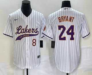 Men%27s Los Angeles Lakers #8 #24 Kobe Bryant White Pinstripe With Patch Cool Base Stitched Baseball Jersey->houston rockets->NBA Jersey